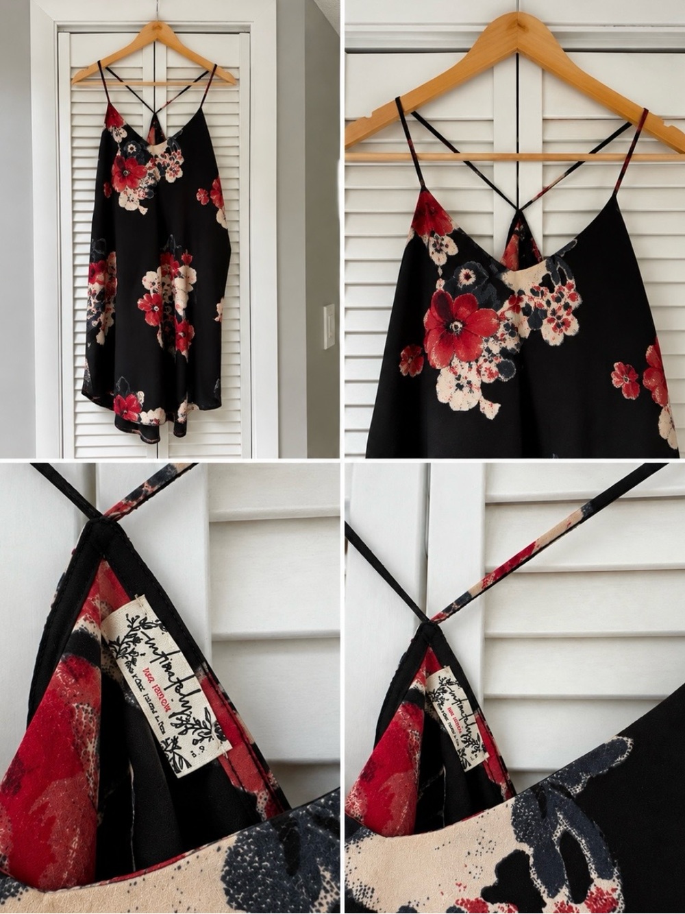 Free People Black Red Floral Strappy Cami